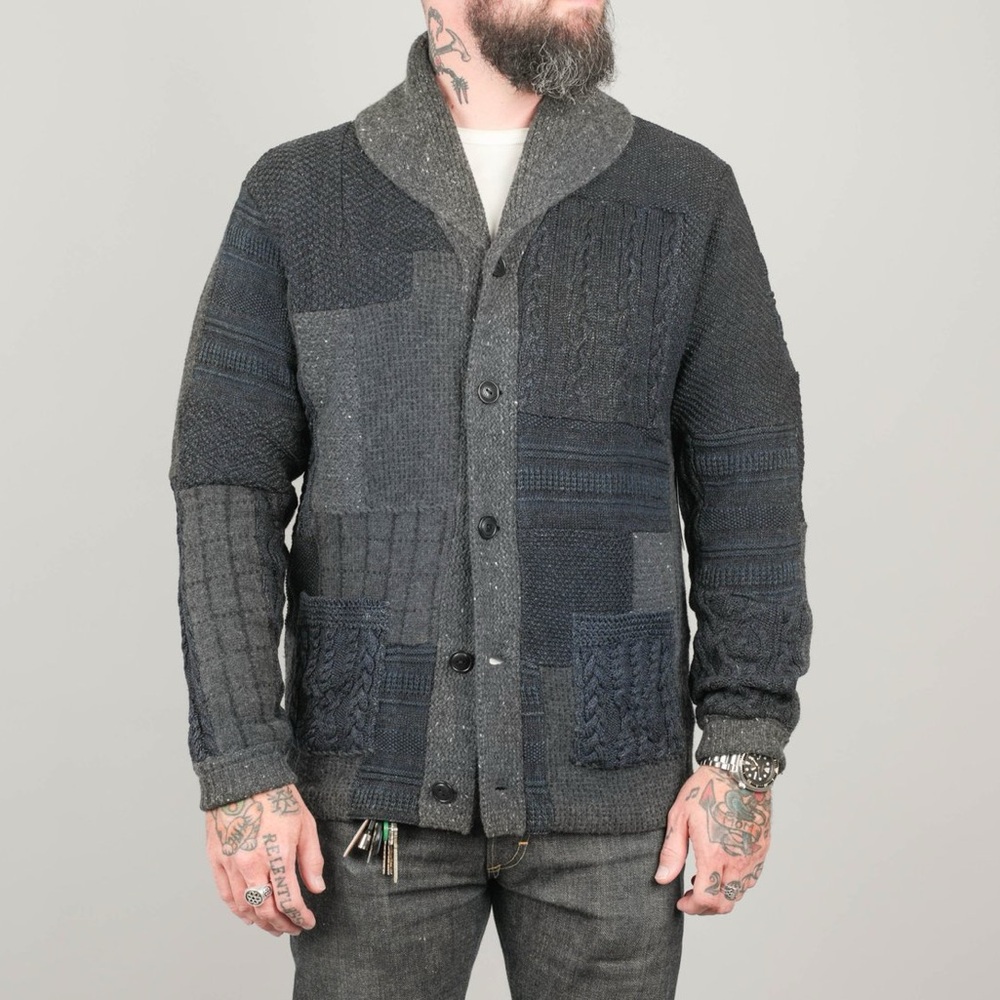 RRL Indigo Blue Gray Knit Patchwork Cardigan, Medium